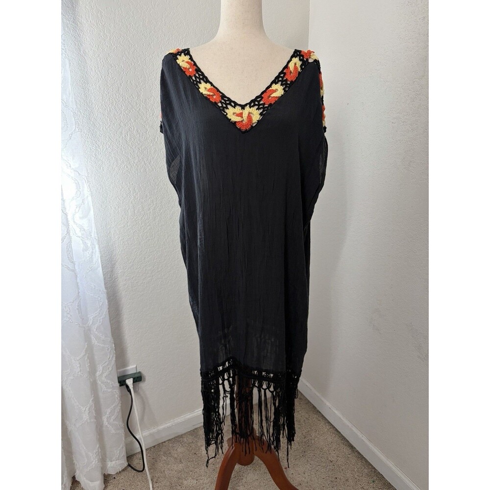 Curvy Women’s 1X/2X Black Fringe Kaftan Poncho Dress Crochet Trim Boho Cover